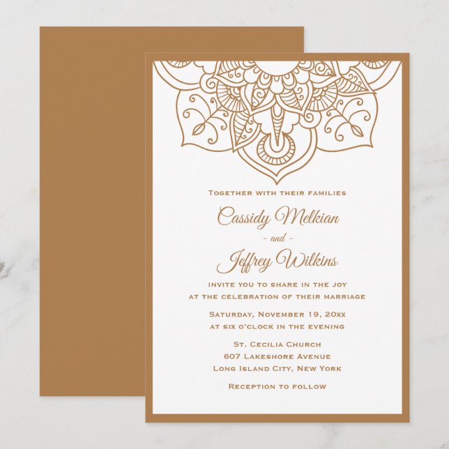 Boho Mandala Wedding Invitation Brown White Indian (Front/Back)