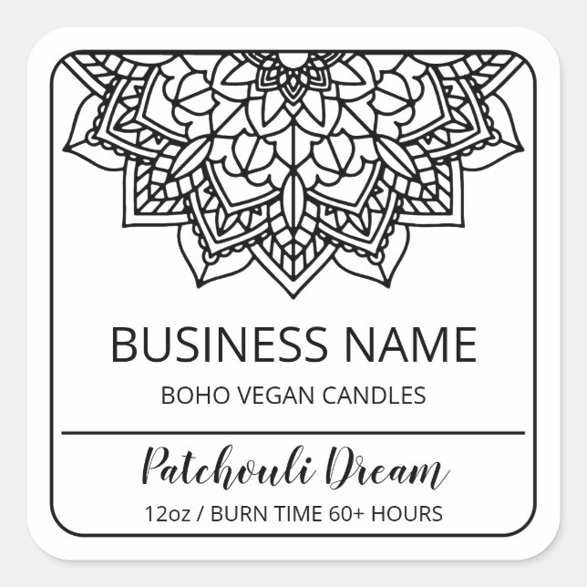 Boho Mandala White Soy Candle Labels (Front)