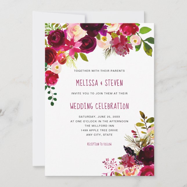 Boho maroon burgundy floral wedding celebration invitation (Front)