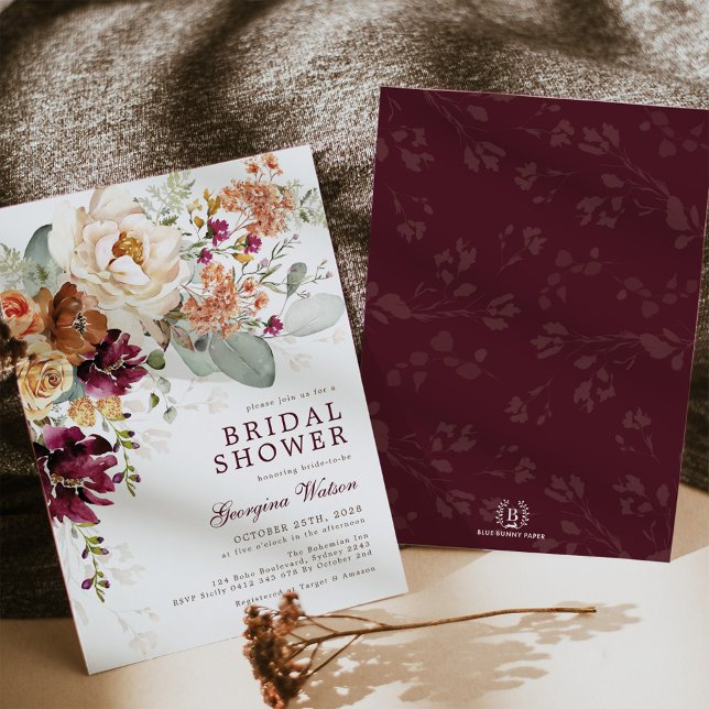 Boho Maroon Burnt Orange Floral Bridal Shower Invitation (Creator Uploaded)