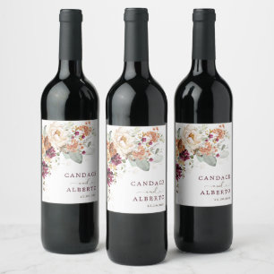 Boho Maroon Burnt Orange Floral Wedding Favours Wine Label