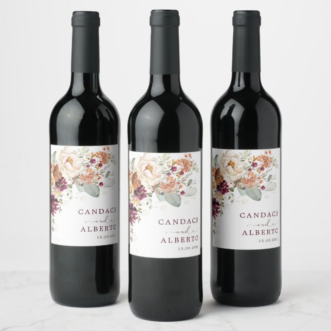 Boho Maroon Burnt Orange Floral Wedding Favours Wine Label (Bottles)