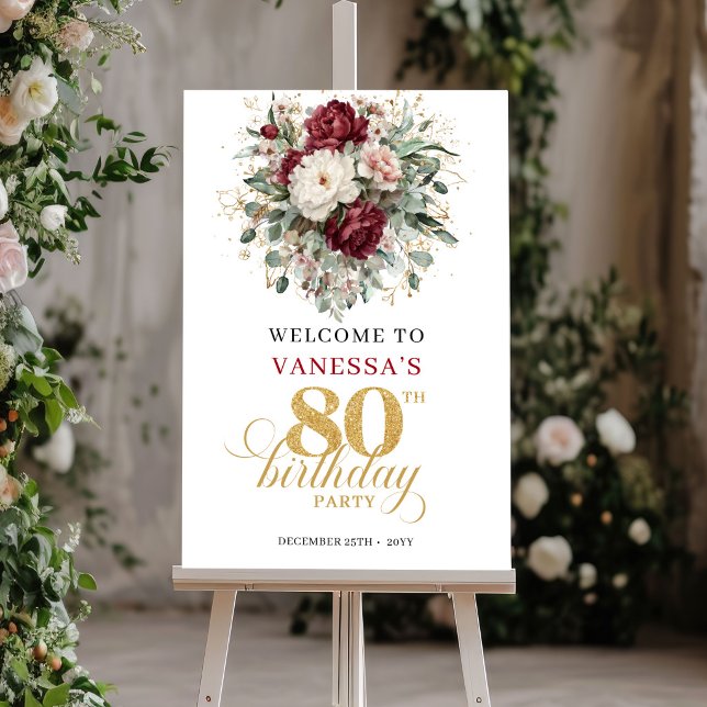Boho Maroon Floral 80th Birthday Welcome Poster (Boho Maroon Floral 80th Birthday Welcome Poster)