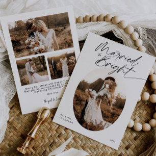 Boho Married & Bright Minimalist Script Christmas Holiday Card