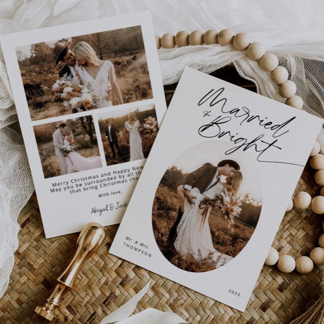 Boho Married & Bright Minimalist Script Christmas Holiday Card (Creator Uploaded)
