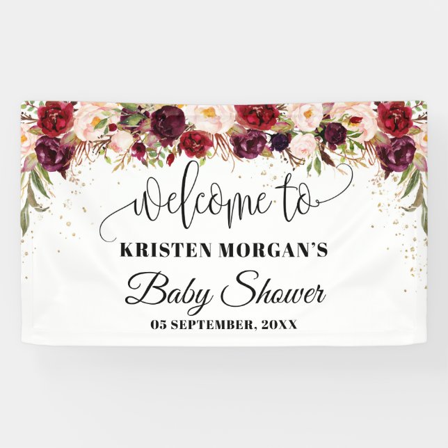 Boho marsala burgundy floral gold baby shower banner (Horizontal)