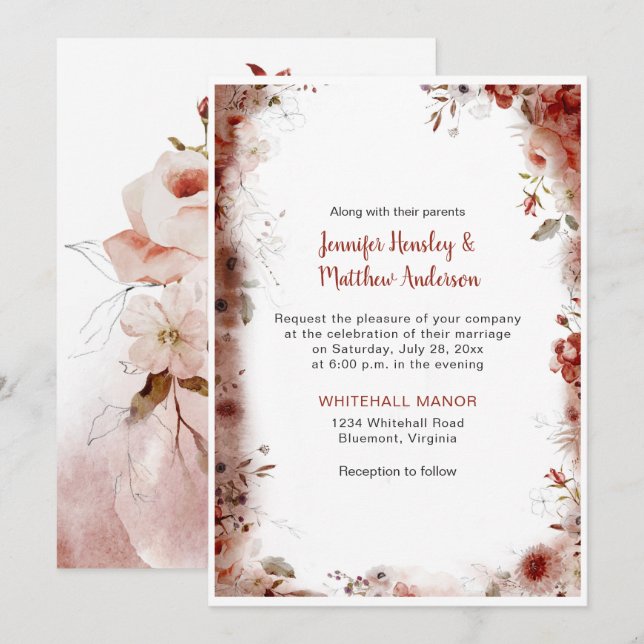 Boho Marsala Burgundy Floral Watercolor Wedding Invitation (Front/Back)