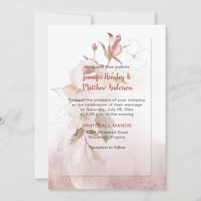 Boho Marsala Burgundy Floral Watercolor Wedding  Invitation (Front)