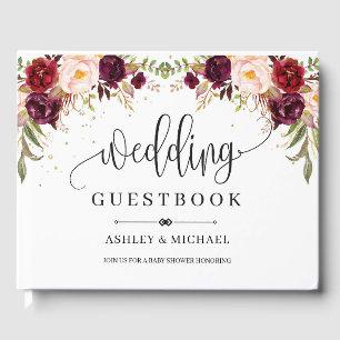 Boho marsala burgundy gold blush floral wedding guest book