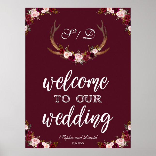 Boho Marsala Burgundy Welcome To Our Wedding Sign (Front)