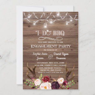 Boho Marsala Floral Antlers I DO BBQ Engagement Invitation