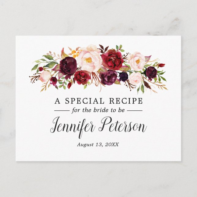 Boho Marsala Floral Bridal Shower Recipe Card (Front)