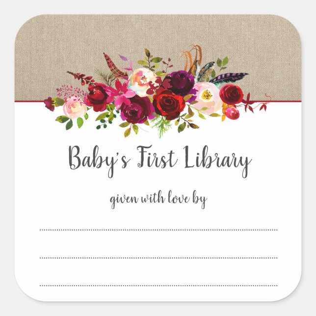 Boho marsala floral girl baby shower bookplate square sticker (Front)