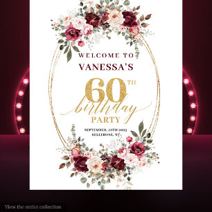 Boho Marsala Gold Floral Burgundy 60th Birthday  Tapestry