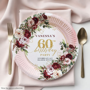 Boho Marsala Gold Roses Elegant 60th Birthday  Paper Plate