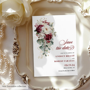 Boho marsala white gold floral save the date card