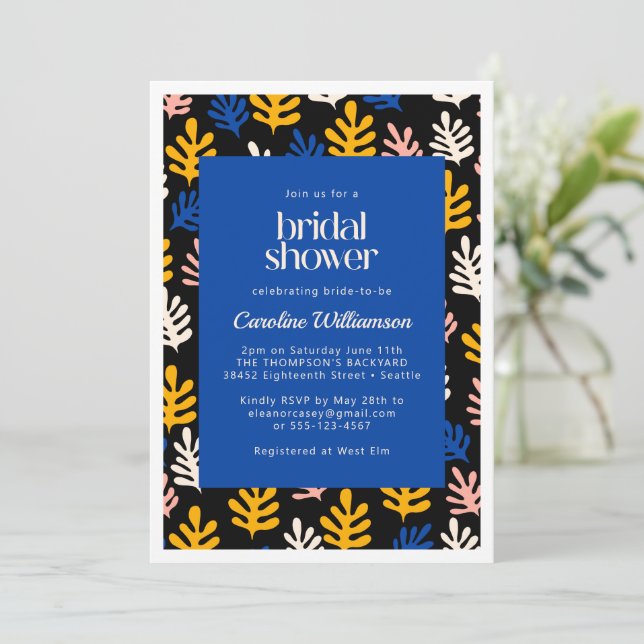 Boho Matisse Botanical Blue Black Bridal Shower In Invitation (Standing Front)