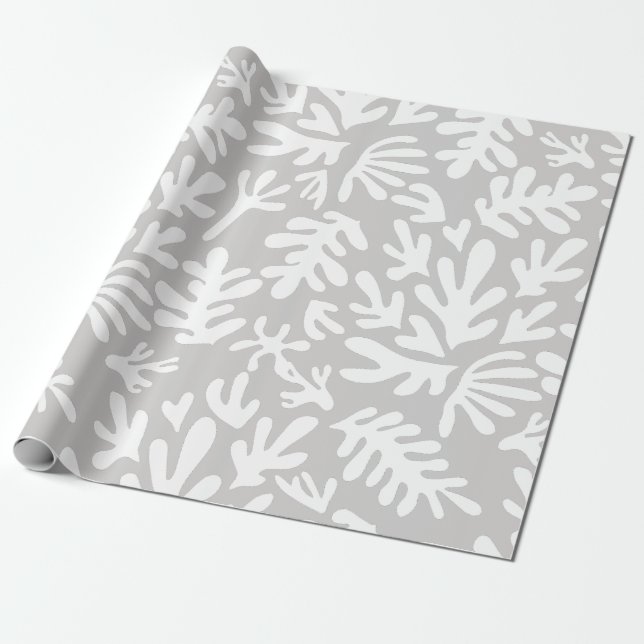 Boho Matisse Botanical Shapes Grey Christmas Wrapping Paper (Unrolled)