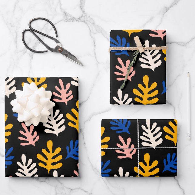 Boho Matisse Botanical Shapes in Black Pink Blue Wrapping Paper Sheet (Front)
