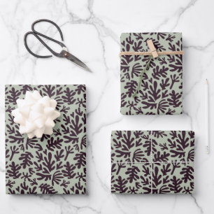 Boho Matisse Botanical Shapes Pattern Black green Wrapping Paper Sheet
