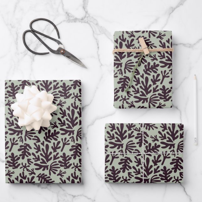 Boho Matisse Botanical Shapes Pattern Black green Wrapping Paper Sheet (Front)