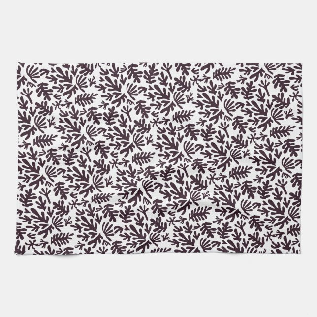 Boho Matisse Botanical Shapes Pattern Black Grey Tea Towel (Horizontal)
