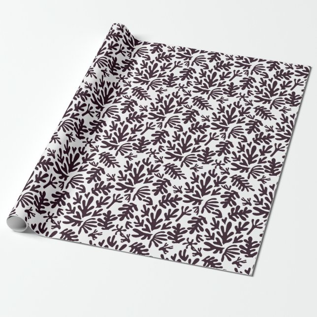 Boho Matisse Botanical Shapes Pattern Black Grey Wrapping Paper (Unrolled)