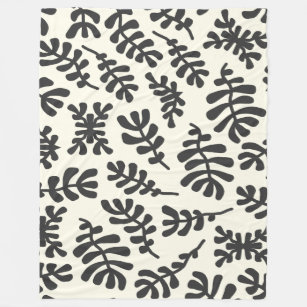 Boho Matisse Botanical Shapes Pattern Black White  Fleece Blanket