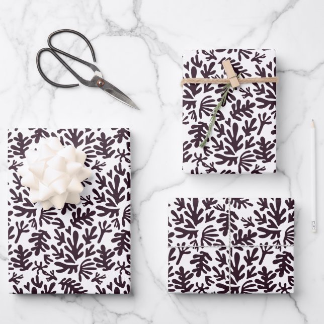 Boho Matisse Botanical Shapes Pattern Black White Wrapping Paper Sheet (Front)