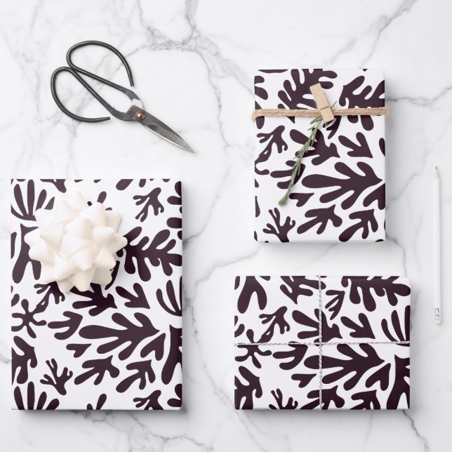 Boho Matisse Botanical Shapes Pattern Black White Wrapping Paper Sheet (Front)