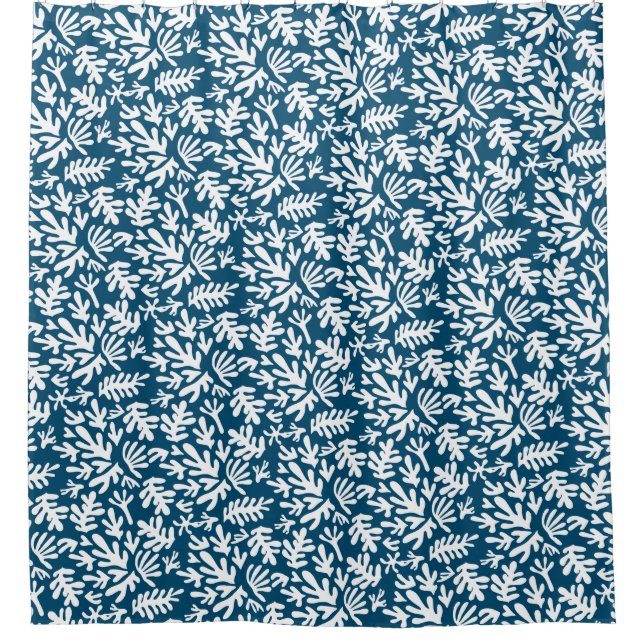 Boho Matisse Botanical Shapes Pattern Blue Shower Curtain (Front)