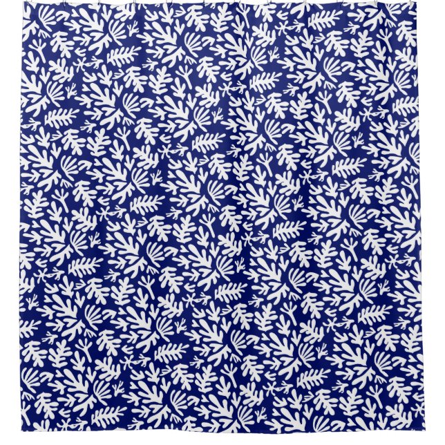Boho Matisse Botanical Shapes Pattern Navy Blue Shower Curtain (Front)