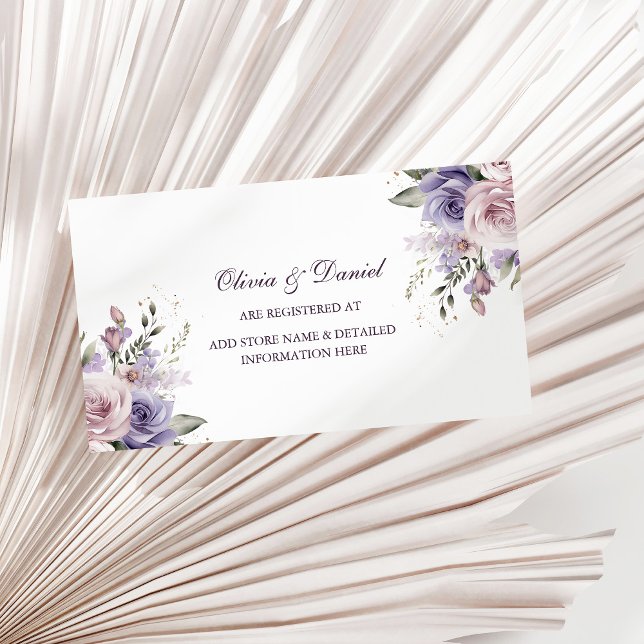Boho Mauve and Lilac Flowers Wedding Registry Card (Boho Mauve and Lilac Flowers Wedding Registry Card on a sunny neutral dry palm leaf.)