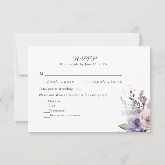 Boho Mauve and Lilac Flowers Wedding RSVP Card (Front)