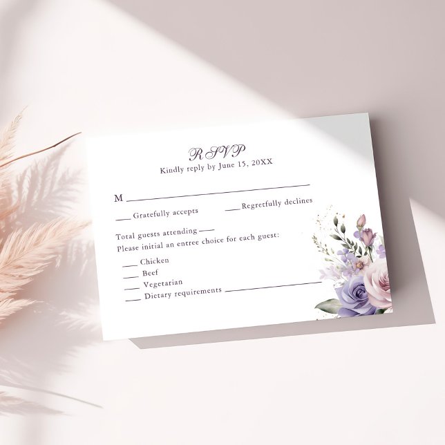Boho Mauve and Lilac Flowers Wedding RSVP Card (Boho Mauve and Lilac Flowers Wedding RSVP Card on a sunny table with neutral dry botanicals)