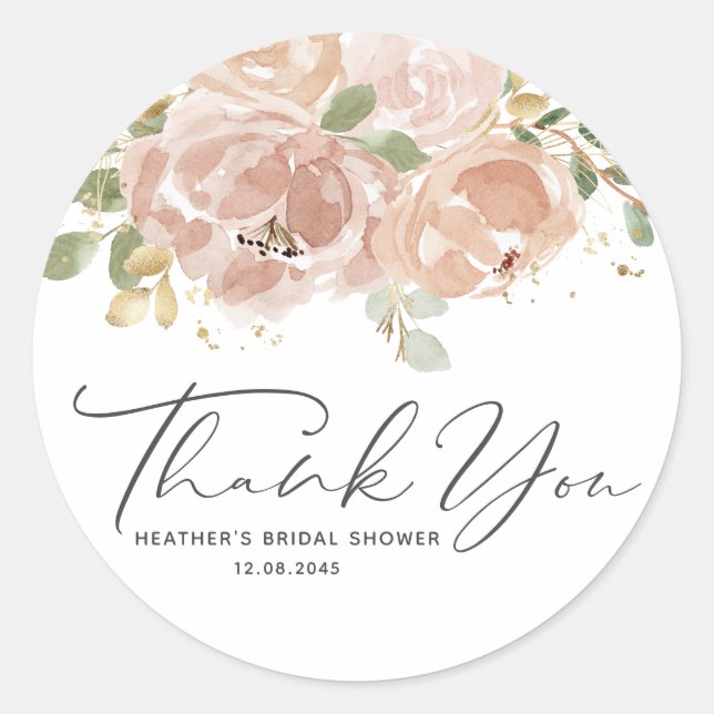 Boho Mauve Peach Flowers Bridal Shower Thank You Classic Round Sticker (Front)