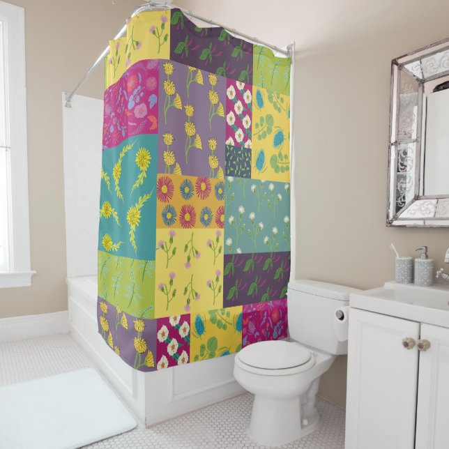 Boho Maximalist Patchwork Quilt Patterned Shower Curtain (In Situ)