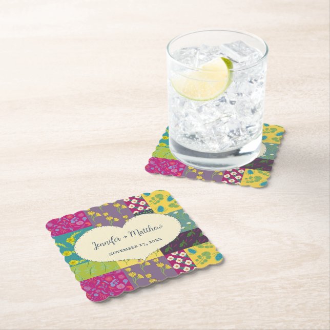 Boho Maximalist Patchwork Quilt Wedding Paper Coaster (Insitu)