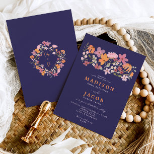 Boho meadow wildflowers initials wedding invitation