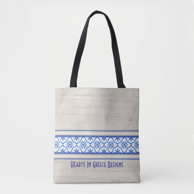Boho Mediterranean Tile Blue White Personalised  Tote Bag (Front)