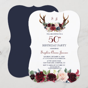 Boho Merlot Navy Blue Floral Antlers 50th Birthday Invitation