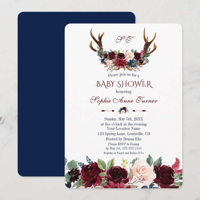 Boho Merlot Navy Blue Floral Antlers Baby Shower Invitation (Front/Back)