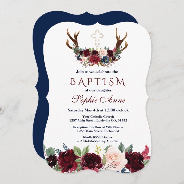 Boho Merlot Navy Blue Floral Antlers Baptism Invitation (Front/Back)