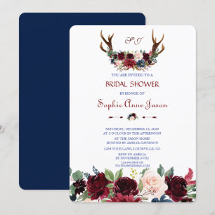 Boho Merlot Navy Blue Floral Antlers Bridal Shower Invitation