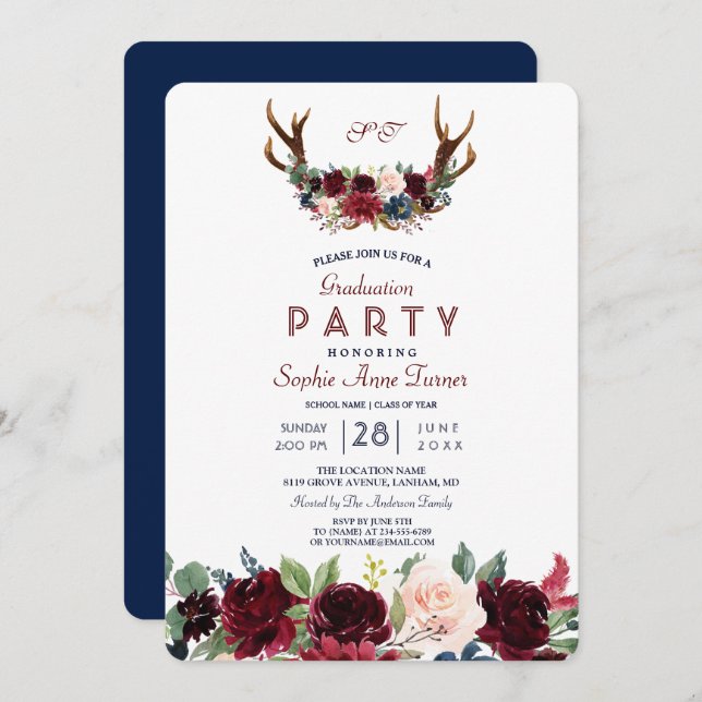 Boho Merlot Navy Blue Floral Antlers Graduation Invitation (Front/Back)