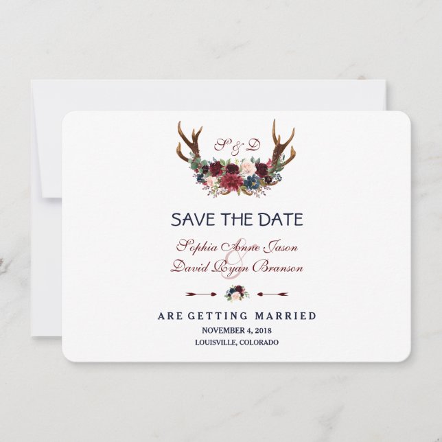 Boho Merlot Navy Blue Floral Antlers Save The Date (Front)