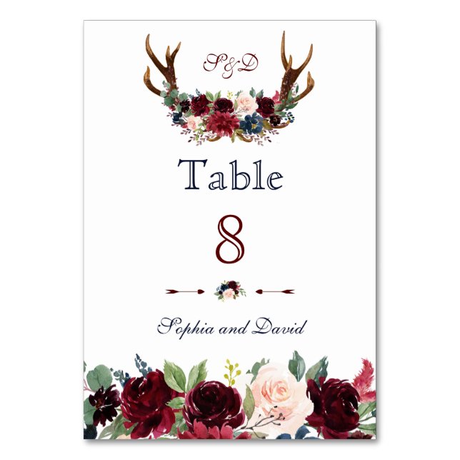 Boho Merlot Navy Blue Floral Antlers Table Number (Front)
