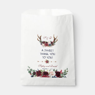 Boho Merlot Navy Blue Floral Antlers THANK YOU Favour Bags