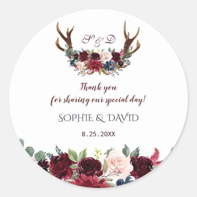 Boho Merlot Navy Blue Floral Antlers Wedding Classic Round Sticker (Front)