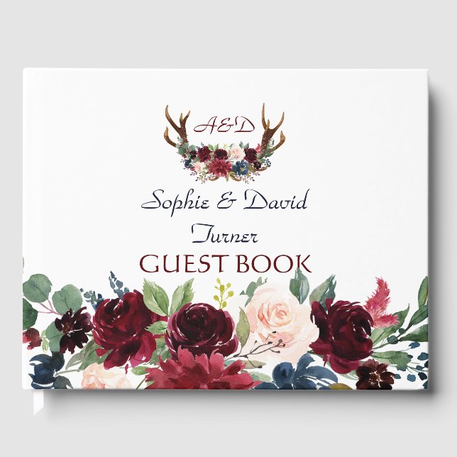 Boho Merlot Navy Blue Floral Antlers Wedding Guest Book (Front)